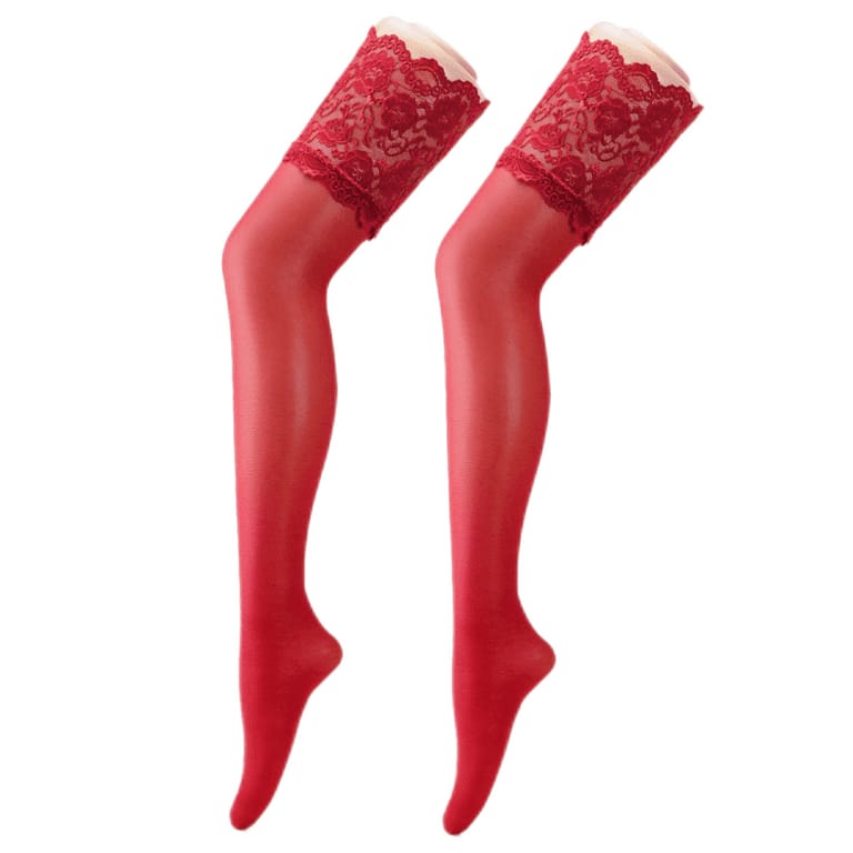 Red Sheer Thigh High Stockings with Lace Silicone Hold Up