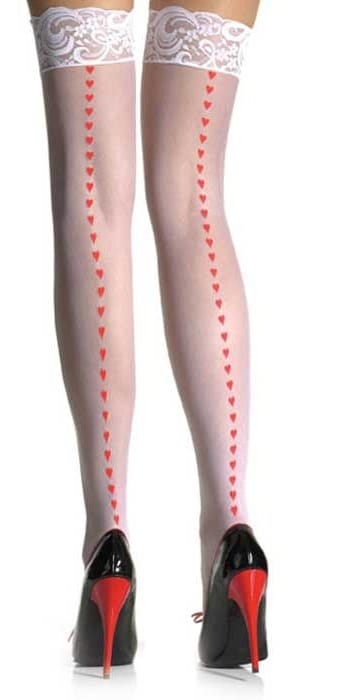 Sheer White Thigh High Stockings with Seductive Red Heart Motif Back Seam