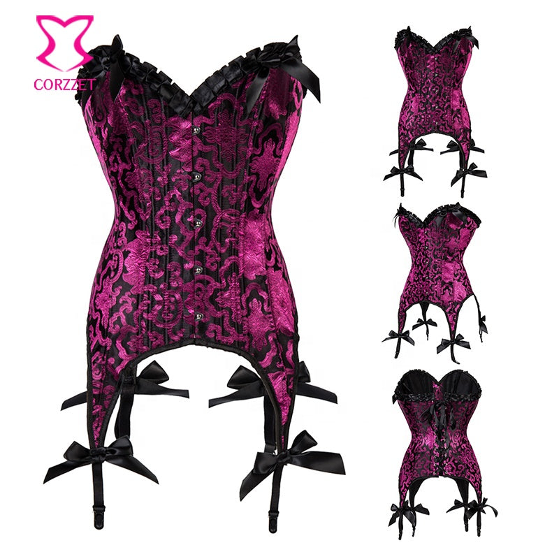 Magenta Floral Brocade Corset with Matching G String