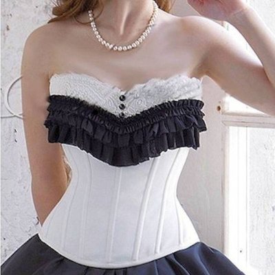 Classic Ivory Brocade with Black Satin Ruffle Detail Corset