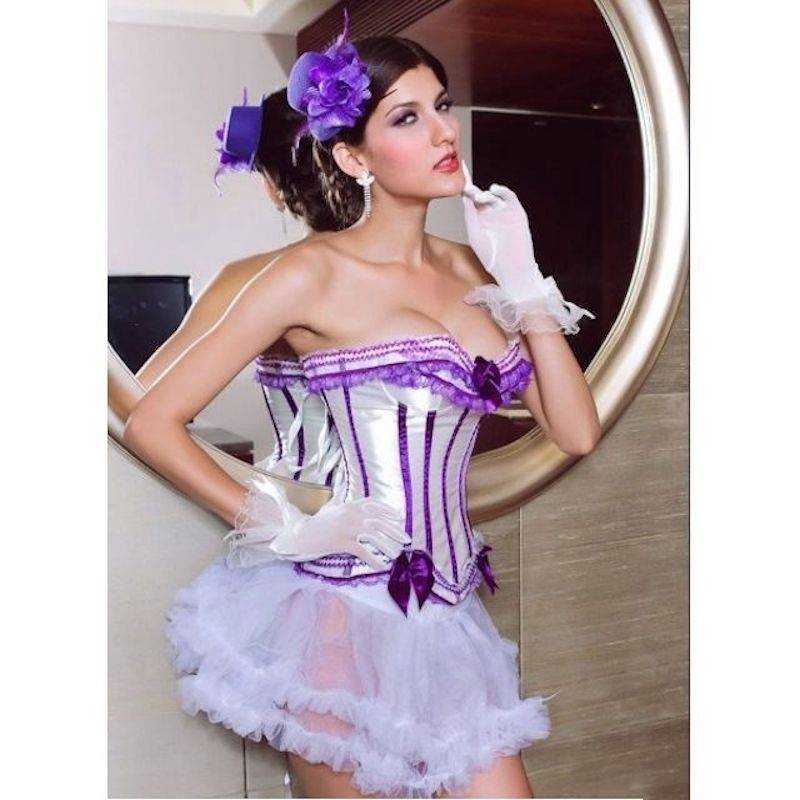 Burlesque Cream with Purple Trim Satin Corset