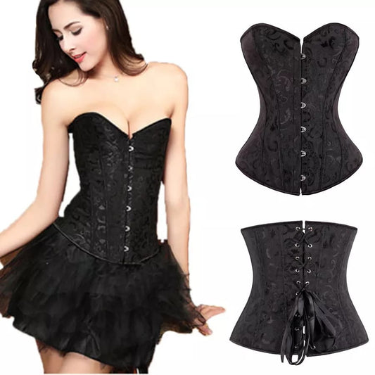 Black Brocade Vintage Corset with Fron Clip Closure