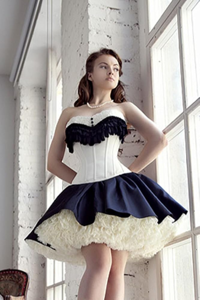 Classic Ivory Brocade with Black Satin Ruffle Detail Corset