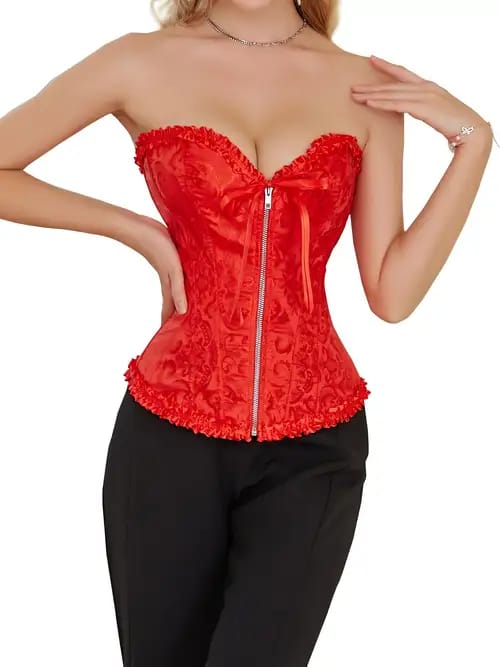 Red Brocade Vintage Corset with Front Zip Closure