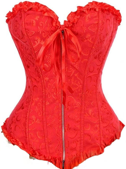 Red Brocade Vintage Corset with Front Zip Closure