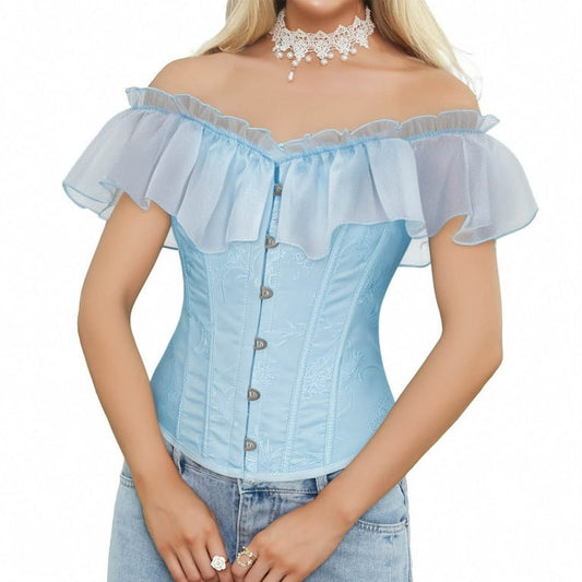 Vintage Self Patterned Satin with Sheer Frill - Pale Yellow OR Pale Blue Corset